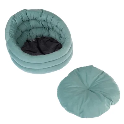 Rond, gevoerd huisdierenbed in turquoise met uitneembaar kussen. Binnenmateriaal zwart, ademend.