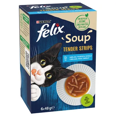 Purina Felix Soup Tender Strips, cod, ton, limbă-de-mare. 6x48g. Fără coloranți, destinat reciclării.