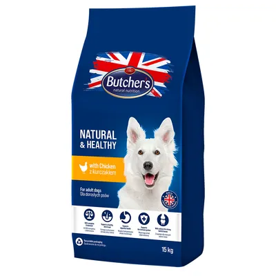 Butcher's Natural & Healthy Hundefutter mit Huhn, für erwachsene Hunde. Verpackung 15 kg, recycelbar. Britische Flagge und Hund abgebildet.
