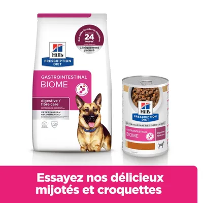 Hill's Prescription Diet Gastrointestinal Biome, digestive/soins des fibres, cliniquement prouvé en 24 heures. Essayez nos délicieux ragoûts et croquettes.