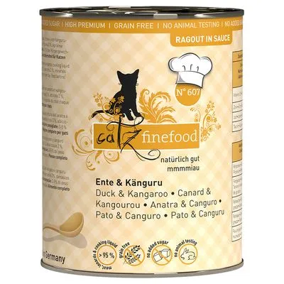catz finefood naturlijk gut mmmmiaau, ragout in sauce, N° 607, Ente & Känguru. Grain free, no animal testing, no added sugar. Blik kattenvoer, inhoud en claims zichtbaar op verpakking.