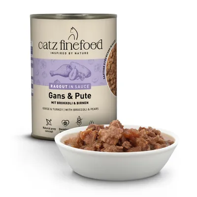 catz finefood Ragout in Sauce Oca & Tacchino con Broccoli & Pere, succosi bocconcini in salsa, concetto di preda naturale, sviluppato con veterinari. catz finefood Ragout in Sauce Oca & Tacchino con Broccoli & Pere, succosi bocconcini in salsa, concetto di preda naturale, sviluppato con veterinari.