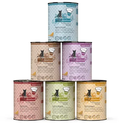6 dåser catz finefood ragout in sauce: Huhn & Muschel, Schwein & Kalb, Lamm & Kamel, Gans & Pute, Lachs & Wildente, Ente & Känguru. Synlig tekst på tysk og engelsk.