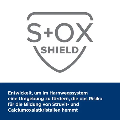 S+OX Shield. Entwickelt, um im Harnwegssystem eine Umgebung zu fördern, die das Risiko für die Bildung von Struvit- und Calciumoxalatkristallen hemmt.