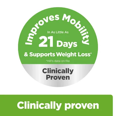 Improves mobility in just 21 days and supports weight loss. Clinically proven. Hill’s data available. Improves mobility in just 21 days and supports weight loss. Clinically proven. Hill’s data available.