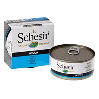 Schesir Nature for Dog TONNO, tonnikalaa sisältävä koiran märkäruoka. Näkyvissä sekä säilyketölkki että pakkaus, joissa tuotteen nimi ja teksti: TUNA, THON, THUNFISCH, ATUN, TONNO.