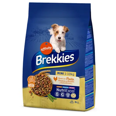 Sac de croquettes pour chien Affinity Brekkies MINI 1–10 kg, recette avec poulet, légumes et céréales, NutriExcel, 3 kg. Visuel d’un petit chien sur l’emballage.