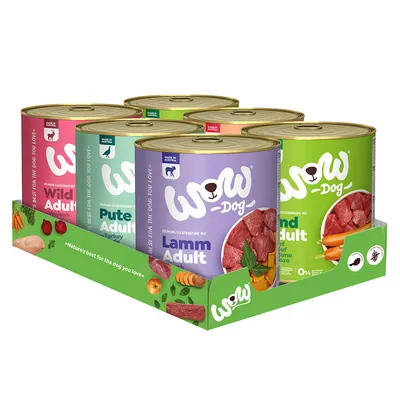 WOW Dog Premium Fleischmahlzeit Dosen: Wild Adult, Pute Adult, Lamm Adult, Rind Adult. Made in Austria. Verpackung mit Zutatenbildern wie Karotten, Äpfel und Fleisch.