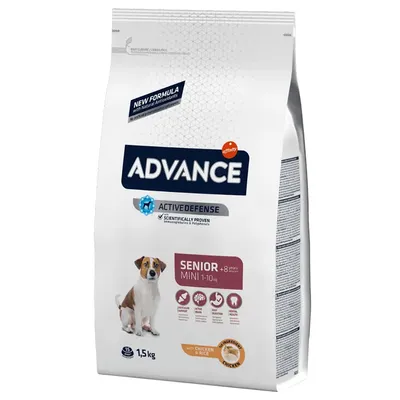 Confezione Advance Active Defense Senior Mini 1–10 kg, +8 anni, con pollo e riso, 1,5 kg. Testo visibile: New Formula, Affinity, Scientifically Proven, Chicken & Rice.