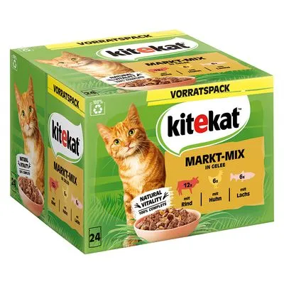 Kitekat MARKT-MIX in Gelee, Vorratspack med 24 portioner: 12x med Rind, 6x med Huhn, 6x mit Lachs. Natural Vitality 100% complete. Billede af kat og skål med foder på emballagen.