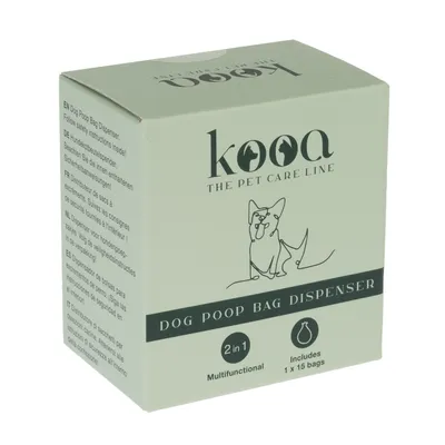 kooa Dog Poop Bag Dispenser, 2 az 1-ben, tartalmaz 1 x 15 zacskót. Biztonsági utasítások belül.