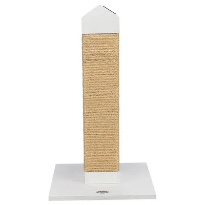 Kratzsäule aus Sisal mit weisser Holzbasis und pyramidenförmigem Abschluss.