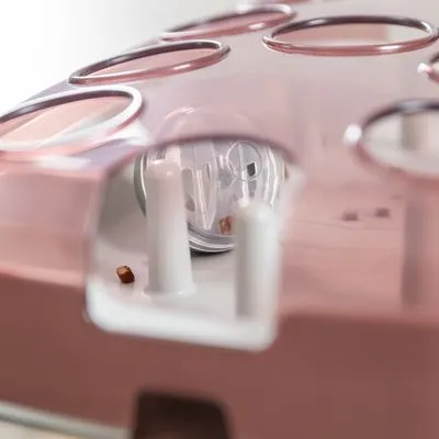 Interactief voerspel van roze en wit plastic met ronde openingen, transparante draaibare elementen en zichtbare brokjes in het spel.