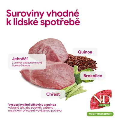 N&D Quinoa Weight Management s jahňacím mäsom z Nového Zélandu, quinoou, brokolicou a špargľou. Kvalitné bielkoviny a quinoa pre vyváženú výživu zvierat. N&D Quinoa Weight Management s jahňacím mäsom z Nového Zélandu, quinoou, brokolicou a špargľou. Kvalitné bielkoviny a quinoa pre vyváženú výživu zvierat.