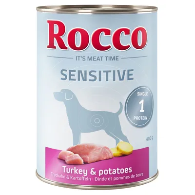 Boîte Rocco Sensitive 400 g, Single 1 Protein, dinde et pommes de terre. Texte visible : It's meat time, Turkey & potatoes, Dinde et pommes de terre.