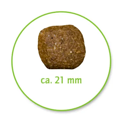 A single brown dry food piece, approximately 21 mm in size, shown in a green circle.
