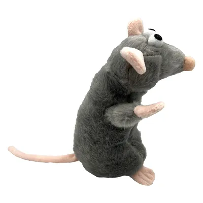 Jouet en forme de souris grise en peluche avec queue, oreilles et pattes roses, museau beige et yeux noirs visibles.