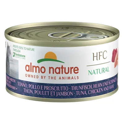 Almo Nature HFC Natural, tonijn, kip en ham. 100% van de winst naar natuur via Fondazione Capellino.