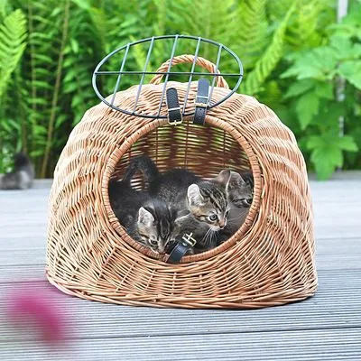 Cesto de transporte em vime com porta metálica aberta, três gatinhos no interior. Material visível: vime e metal.