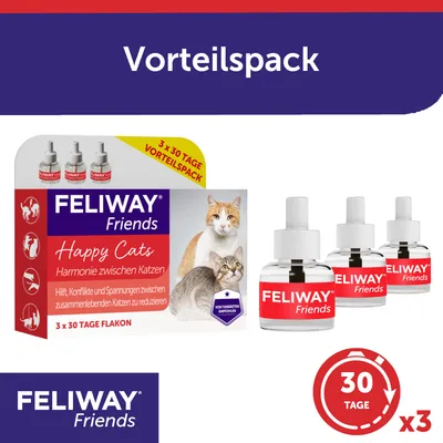 Feliway Friends Vorteilspack, 3 x 30 Tage Flakon. Hilft Konflikte und Spannungen zwischen zusammenlebenden Katzen zu reduzieren. Von Tierärzten empfohlen.