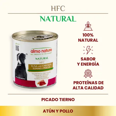 Lata de almo nature HFC Natural atún y pollo. Texto visible: 100% natural, sabor y energía, proteínas de alta calidad, picado tierno, atún y pollo. Sin gluten.