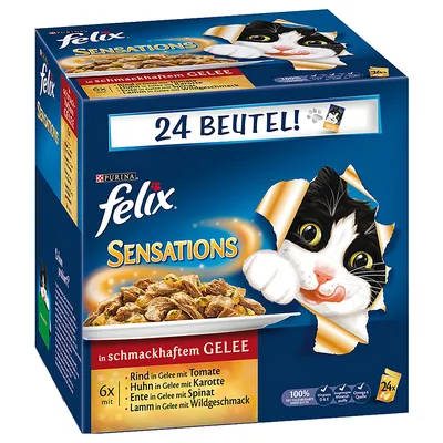 Purina felix Sensations cat food, 24 sachets. Visible flavours: beef with tomato, chicken with carrot, duck with spinach, lamb with game flavour. Text in German. Image of a black and white cat.
