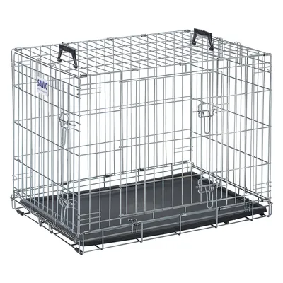 Metal wire pet crate with two doors, secure latches and a removable black tray at the base for easy cleaning. Handles on top for carrying.