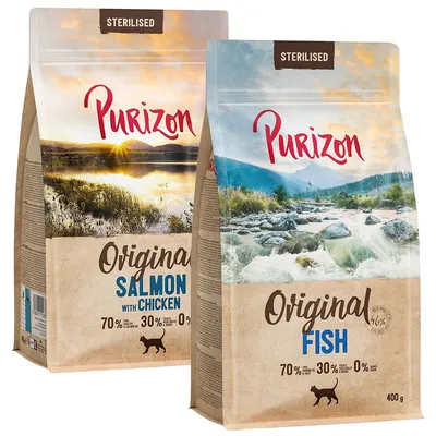 Purizon Sterilised Katzenfutter, Sorten: Original Salmon with Chicken und Original Fish, 70% Fleisch & Fisch, 30% Gemüse, 0% Getreide, 400g Packungen.