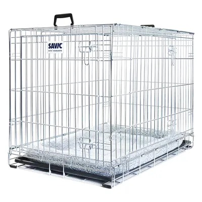 Metal wire pet crate with two doors, secure latches, a handle on top, and a removable tray at the base. Includes a soft mat inside for comfort.