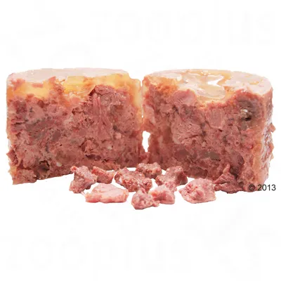 Mokra hrana za kućne ljubimce, prikazana u obliku dvije polovice i nekoliko komadića. Vidljiva je tekstura mesa s masnijim slojem na vrhu.