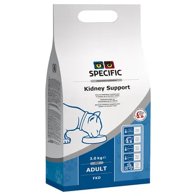 SPECIFIC Kidney Support CAT ADULT FKD, 3,0 kg. Pussissa kissan ääriviivapiirros ja kuvakkeita tuotteen ominaisuuksista. Eläinlääkärin suosittelema -merkki näkyvissä.