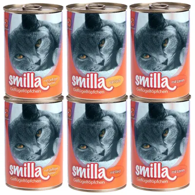 6 lattine di cibo per gatti Smilla Geflügeltöpfchen: con cuori di pollame, pesce, agnello e manzo. Immagine di gatto grigio su ogni confezione. Testo in tedesco visibile.