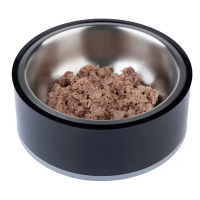 Schüssel mit Nassfutter, präsentiert in einer schwarzen und silbernen Futterschale aus Metall.