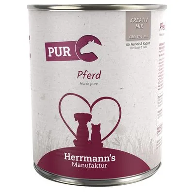 Blik Herrmann's Manufaktur PUR Pferd, tekst: Kreativ Mix, für Hunde & Katzen, Horse pure. Afbeelding van hond en kat in hartvorm.