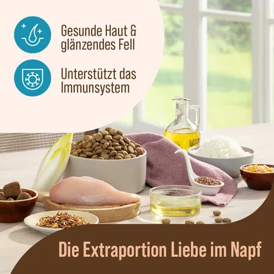 Texte en allemand : Gesunde Haut & glänzendes Fell, Unterstützt das Immunsystem, Die Extraportion Liebe im Napf. Ingrédients visibles : croquettes, filet de poulet cru, huile, riz, endive.