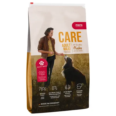 Mera Care Adult Maxi med färsk kyckling, 78 % animaliskt protein, utan vete, socker och konserveringsmedel, bra för leder och brosk, extra stora foderbitar. Made in Germany.