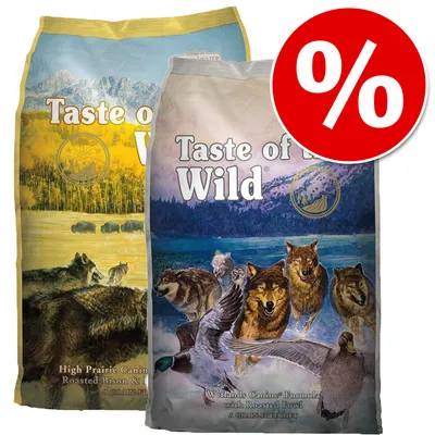 Два пакета Taste of the Wild с видими надписи: High Prairie Canine Formula и Wetlands Canine Formula. Голям червен символ за процент в горния десен ъгъл.