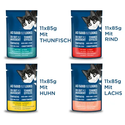 Vier Varianten von 'As Good As It Looks' Katzenfutter: 11x85g mit Thunfisch, Rind, Huhn und Lachs. Verpackungen zeigen Katze und Produktdetails.