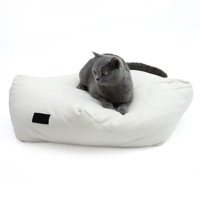 Gato gris tumbado sobre un cojín para mascotas blanco acolchado con etiqueta negra.