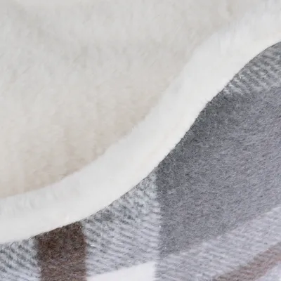 Close-up of a soft, cream-coloured plush material with a grey and brown check pattern.