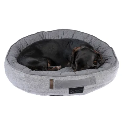Schwarzer Hund liegt in einem grauen, gepolsterten Hundebett mit Modern Living Logo.
