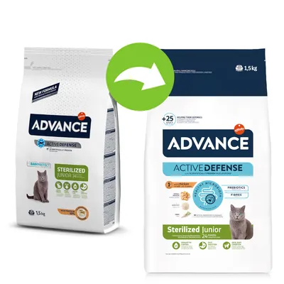 Dvě balení krmiva ADVANCE Active Defense Sterilized Junior 1,5 kg pro kočky, starý a nový design obalu, s vyobrazením kočky a klíčovými informacemi o produktu na přední straně.