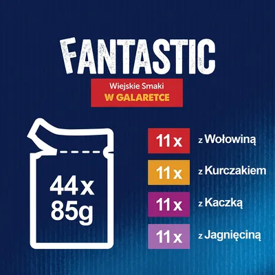 Fantastic Wiejskie Smaki w galaretce, zestaw 44 x 85 g: 11 x z wołowiną, 11 x z kurczakiem, 11 x z kaczką, 11 x z jagnięciną. Informacja o zawartości opakowania.