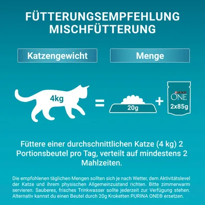 Conseils d’alimentation pour chat de 4 kg : 20 g de croquettes PURINA ONE et 2 sachets de 85 g par jour, à répartir sur au moins 2 repas. Texte explicatif en allemand.