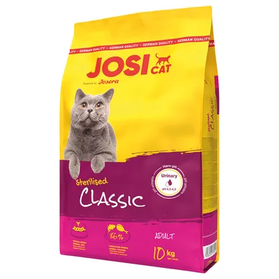JosiCat Sterilised Classic, храна за възрастни котки, 10 кг, с 86% животински протеин, уринарен pH 6.0-6.5, подходяща за кастрирани котки.