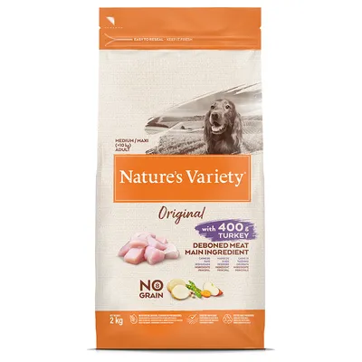 Sac de croquettes Nature’s Variety Original, 2 kg, pour chien adulte moyen/grand, avec 400 g de dinde désossée comme ingrédient principal, sans céréales. Texte en anglais visible.