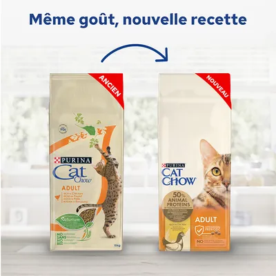 Comparaison des anciens et nouveaux emballages Purina Cat Chow Adult, texte : « Même goût, nouvelle recette », étiquettes « Ancien » et « Nouveau », 50 % animal proteins visible sur le nouveau.