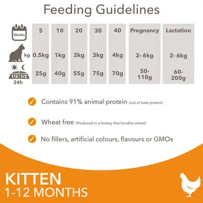 Feeding guidelines for kittens 1-12 months: daily amounts by age and weight, pregnancy and lactation. Contains 91% animal protein, wheat free, no fillers, artificial colours or GMOs.
