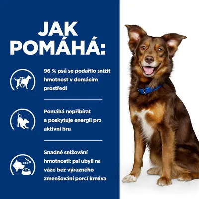 Jak pomáhá: 96 % psů se podařilo snížit hmotnost v domácím prostředí. Pomáhá nepřibírat a poskytuje energii pro aktivní hru. Snadné snižování hmotnosti bez výrazného zmenšování porcí.