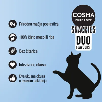 COSMA PURE LOVE SNACKIES DUO FLAVOURS. Prirodna mačja poslastica, 100% čisto meso ili riba, bez žitarica, intezivnog okusa, dva ukusna okusa u svakom pakiranju.